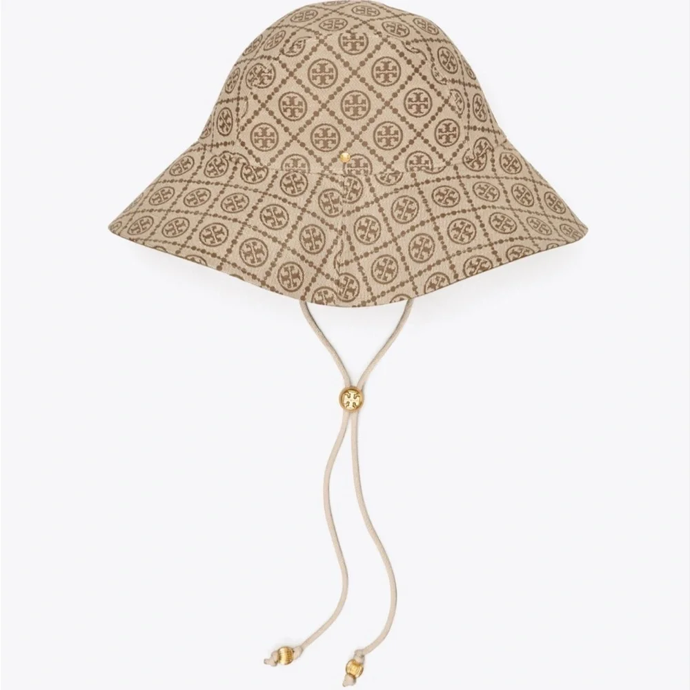 Tory Burch T Monogram Jacquard Reversible Bucket Hat Hazel Tan Brown Gold